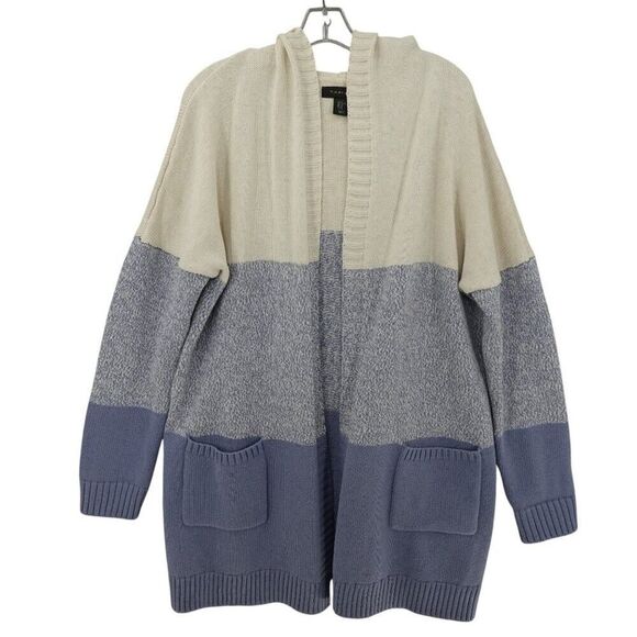 Tahari XL Blue Cream Colorblock Hooded Cardigan - Picture 1 of 13
